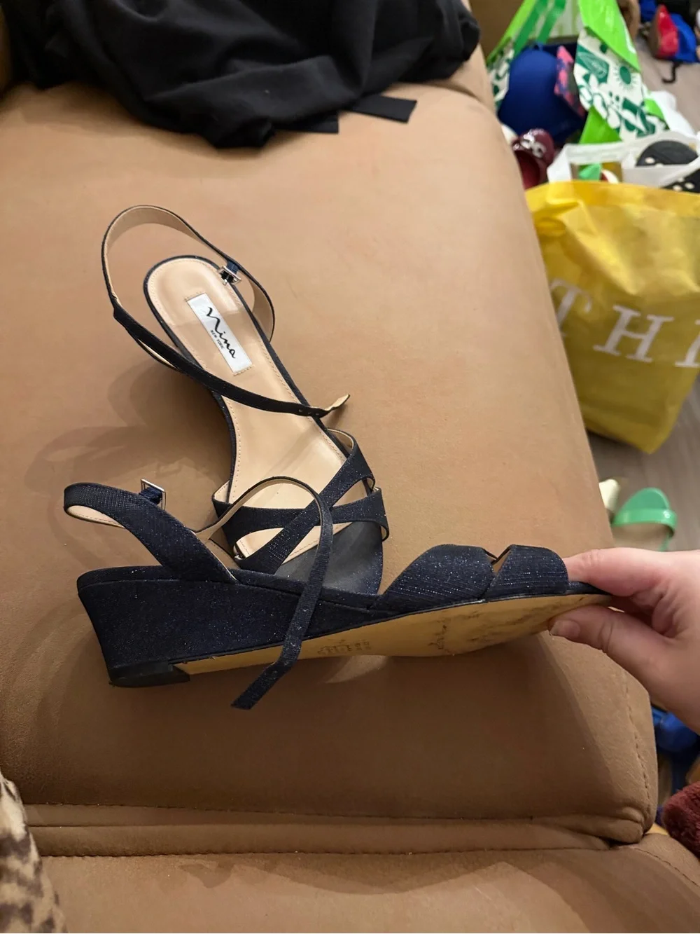 Nina Navy Metallic Strap Open-Toe Slingback Wedges
